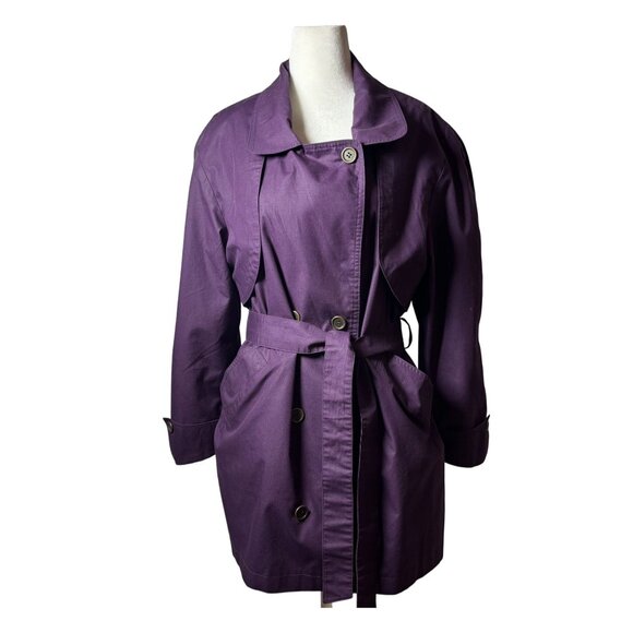 Womens M Vintage Purple Double-Breasted Mid Trench Coat belted plaid lining - Picture 1 of 11